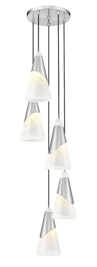 Z-Lite Aimie 5-Light Candelabra Bulb Base Brushed Nickel Steel Frame Feathered White Glass Shade Chandelier