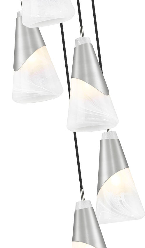 Z-Lite Aimie 5-Light Candelabra Bulb Base Brushed Nickel Steel Frame Feathered White Glass Shade Chandelier