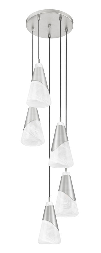 Z-Lite Aimie 5-Light Candelabra Bulb Base Brushed Nickel Steel Frame Feathered White Glass Shade Chandelier