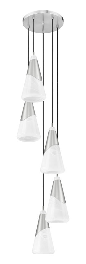 Z-Lite Aimie 5-Light Candelabra Bulb Base Brushed Nickel Steel Frame Feathered White Glass Shade Chandelier
