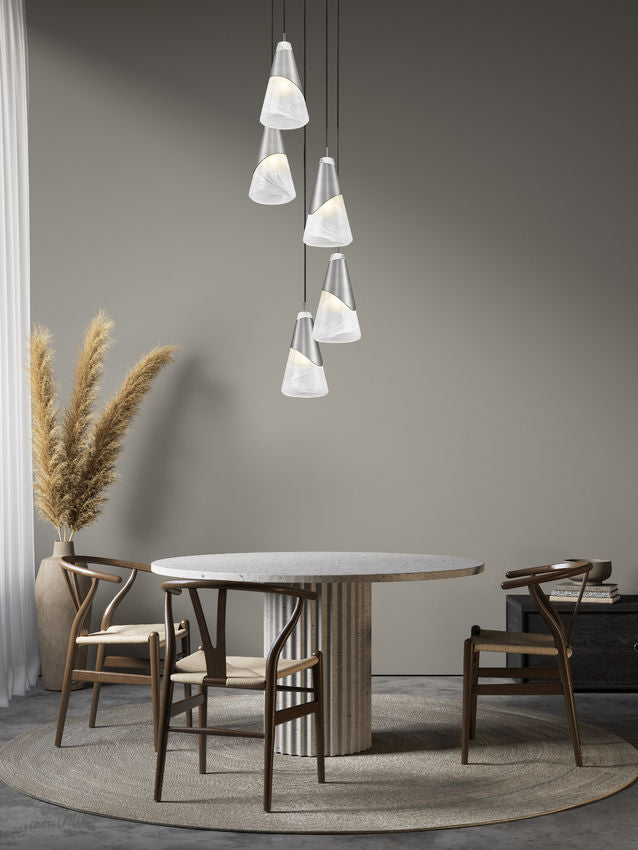 Z-Lite Aimie 5-Light Candelabra Bulb Base Brushed Nickel Steel Frame Feathered White Glass Shade Chandelier