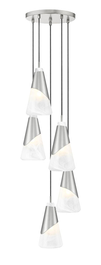Z-Lite Aimie 5-Light Candelabra Bulb Base Brushed Nickel Steel Frame Feathered White Glass Shade Chandelier