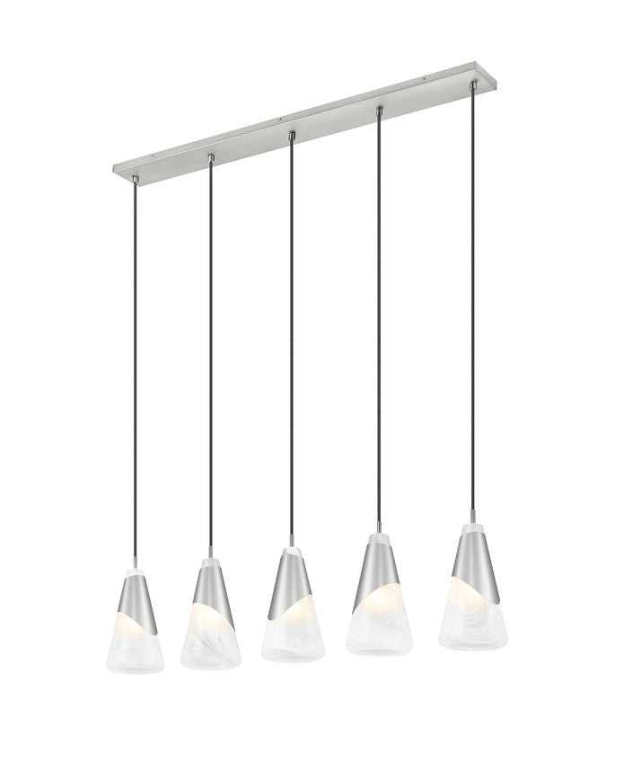 Z-Lite Aimie 5-Light Candelabra Bulb Base Brushed Nickel Steel Frame Feathered White Glass Shade Linear Chandelier