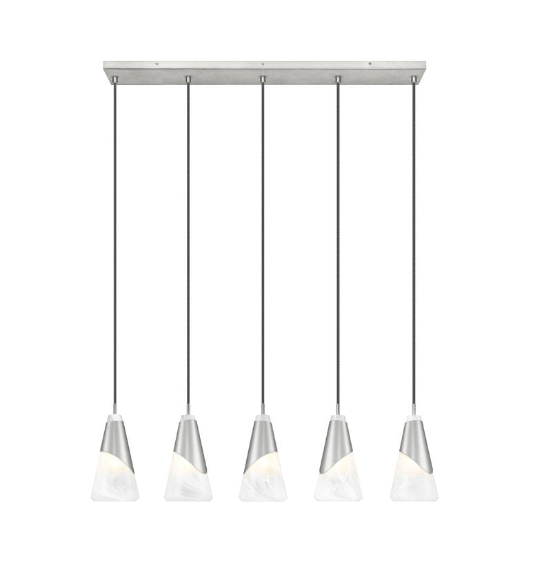 Z-Lite Aimie 5-Light Candelabra Bulb Base Brushed Nickel Steel Frame Feathered White Glass Shade Linear Chandelier