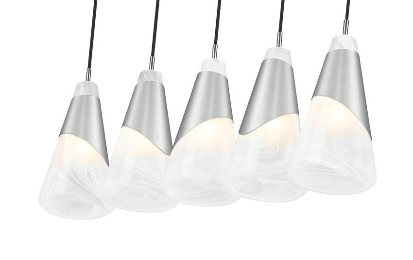 Z-Lite Aimie 5-Light Candelabra Bulb Base Brushed Nickel Steel Frame Feathered White Glass Shade Linear Chandelier