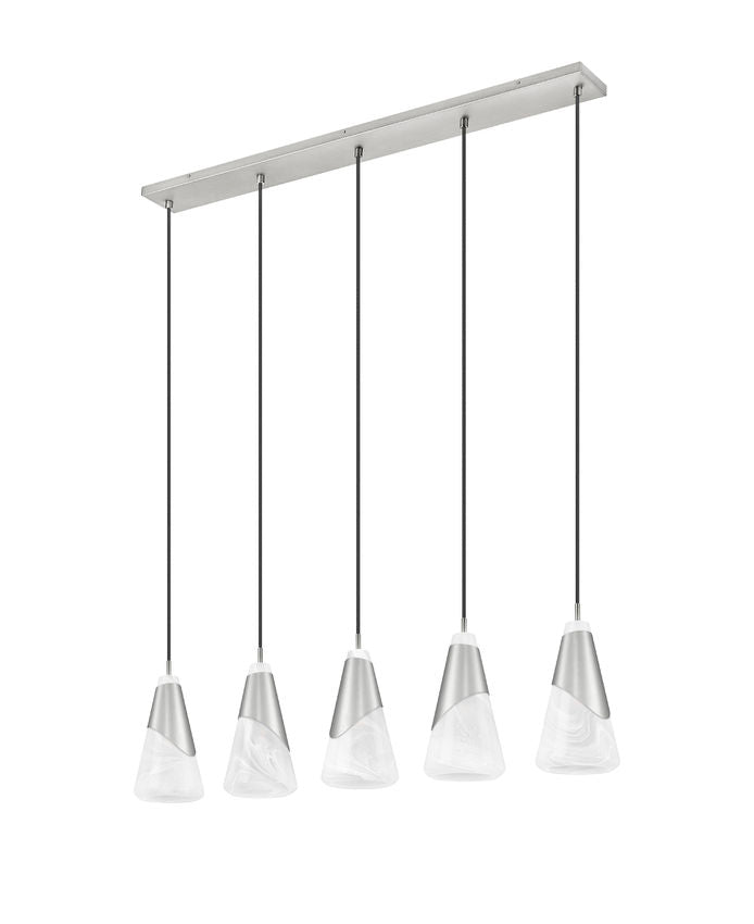 Z-Lite Aimie 5-Light Candelabra Bulb Base Brushed Nickel Steel Frame Feathered White Glass Shade Linear Chandelier