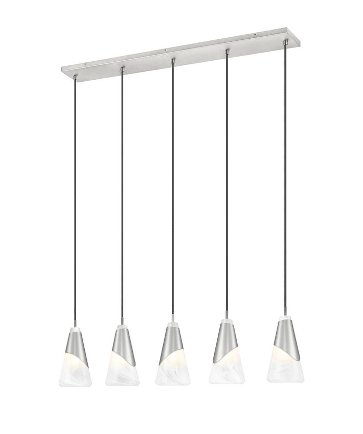 Z-Lite Aimie 5-Light Candelabra Bulb Base Brushed Nickel Steel Frame Feathered White Glass Shade Linear Chandelier