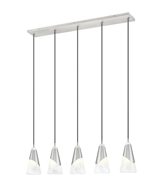 Z-Lite Aimie 5-Light Candelabra Bulb Base Brushed Nickel Steel Frame Feathered White Glass Shade Linear Chandelier