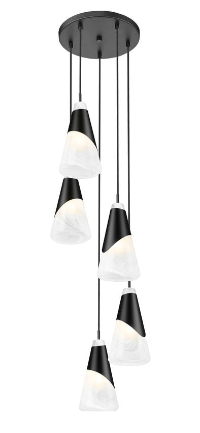 Z-Lite Aimie 5-Light Candelabra Bulb Base Matte Black Steel Frame Feathered White Glass Shade Chandelier