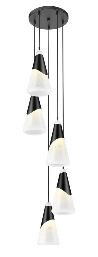 Z-Lite Aimie 5-Light Candelabra Bulb Base Matte Black Steel Frame Feathered White Glass Shade Chandelier