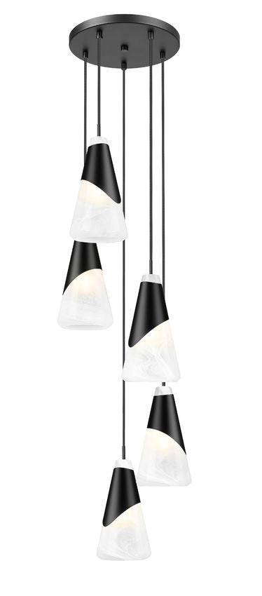 Z-Lite Aimie 5-Light Candelabra Bulb Base Matte Black Steel Frame Feathered White Glass Shade Chandelier