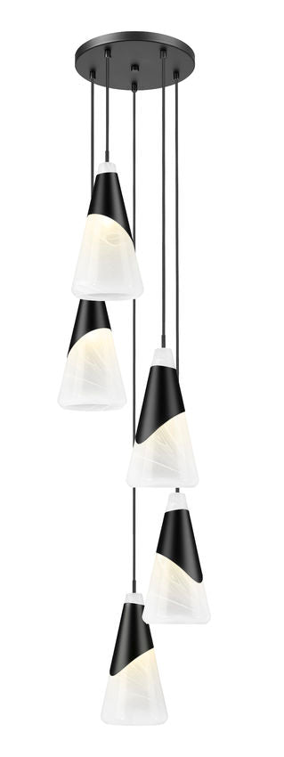 Z-Lite Aimie 5-Light Candelabra Bulb Base Matte Black Steel Frame Feathered White Glass Shade Chandelier