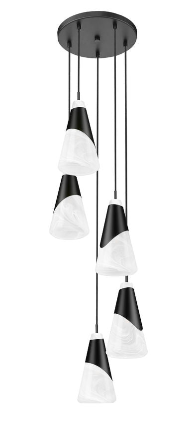 Z-Lite Aimie 5-Light Candelabra Bulb Base Matte Black Steel Frame Feathered White Glass Shade Chandelier