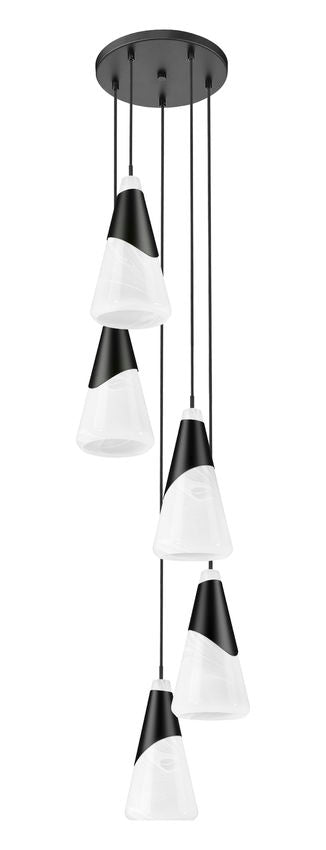 Z-Lite Aimie 5-Light Candelabra Bulb Base Matte Black Steel Frame Feathered White Glass Shade Chandelier