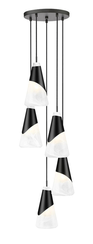 Z-Lite Aimie 5-Light Candelabra Bulb Base Matte Black Steel Frame Feathered White Glass Shade Chandelier