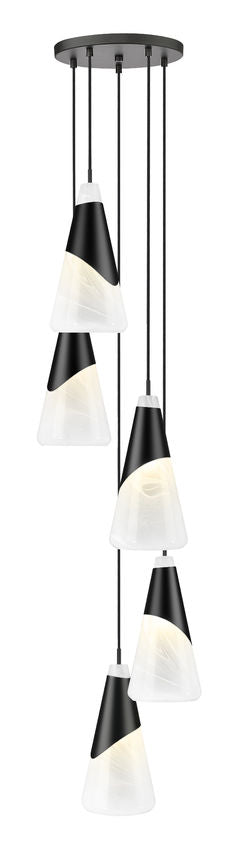 Z-Lite Aimie 5-Light Candelabra Bulb Base Matte Black Steel Frame Feathered White Glass Shade Chandelier