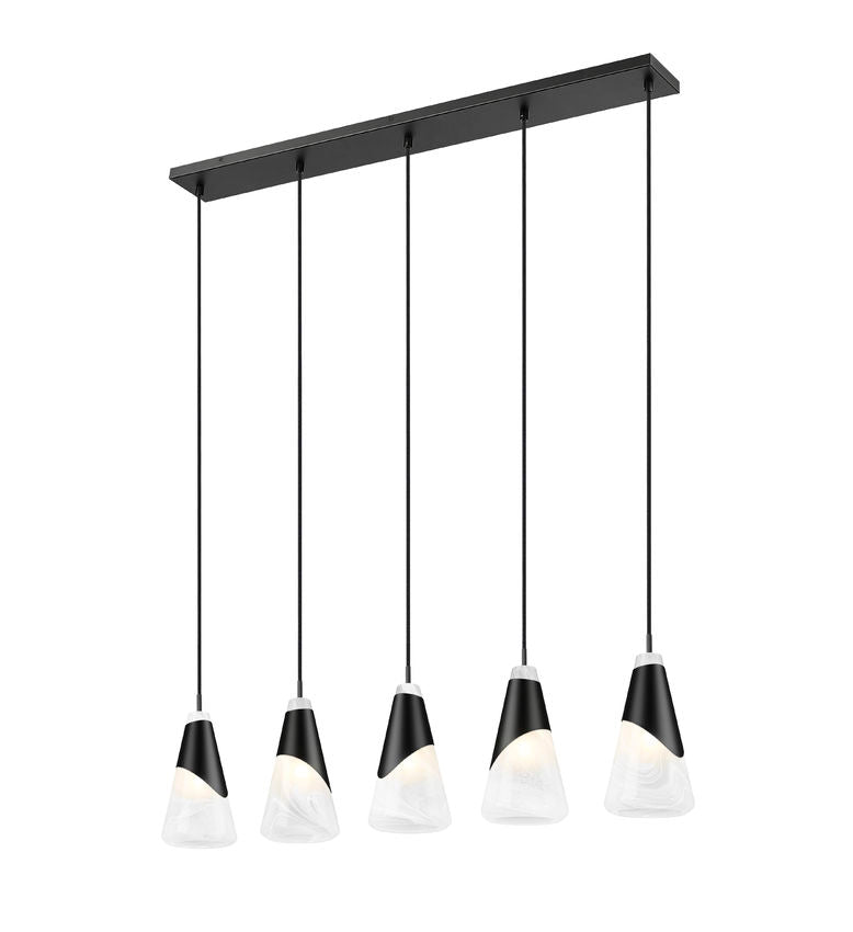 Z-Lite Aimie 5-Light Candelabra Bulb Base Matte Black Steel Frame Feathered White Glass Shade Linear Chandelier