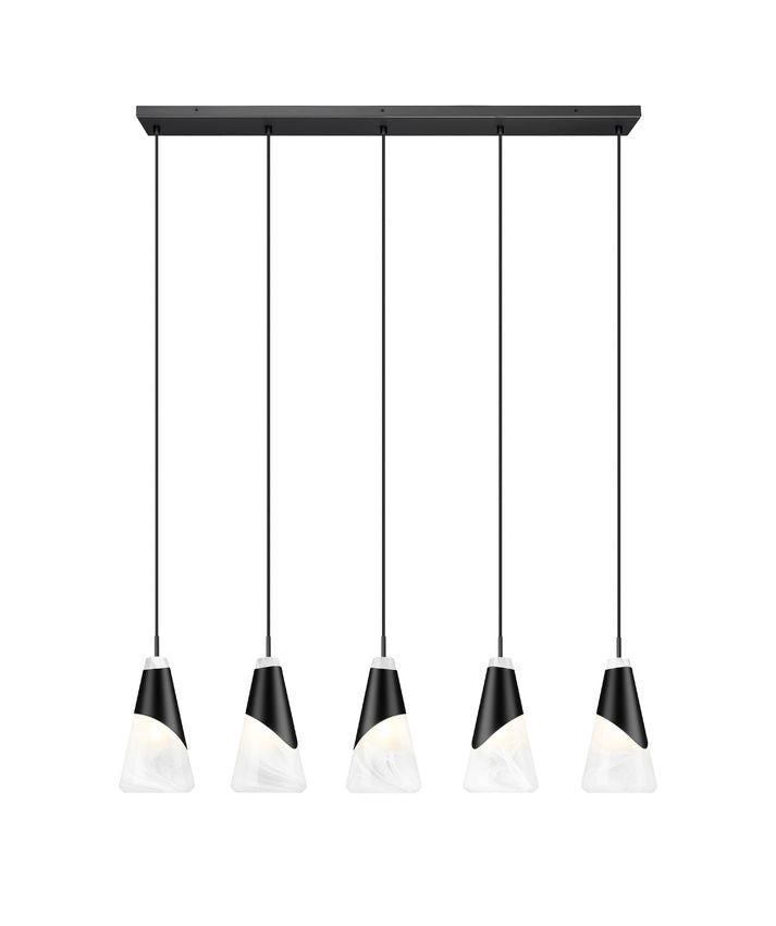 Z-Lite Aimie 5-Light Candelabra Bulb Base Matte Black Steel Frame Feathered White Glass Shade Linear Chandelier