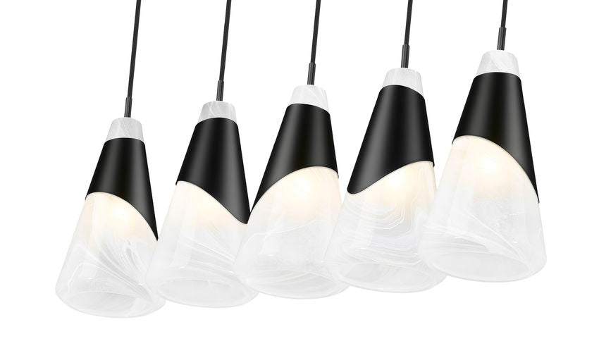Z-Lite Aimie 5-Light Candelabra Bulb Base Matte Black Steel Frame Feathered White Glass Shade Linear Chandelier