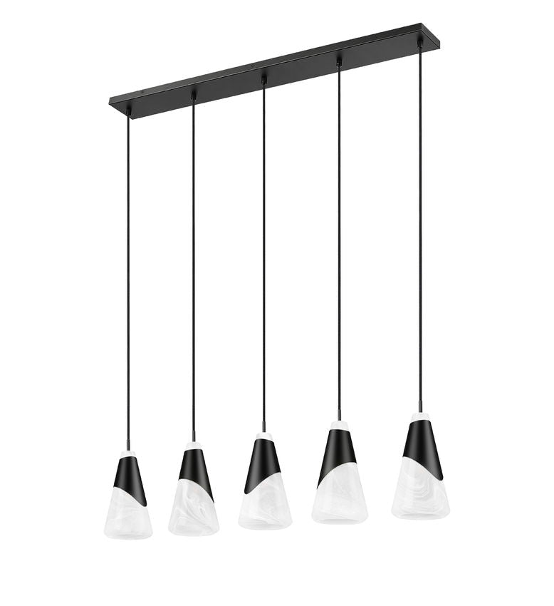 Z-Lite Aimie 5-Light Candelabra Bulb Base Matte Black Steel Frame Feathered White Glass Shade Linear Chandelier