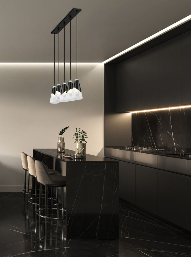 Z-Lite Aimie 5-Light Candelabra Bulb Base Matte Black Steel Frame Feathered White Glass Shade Linear Chandelier