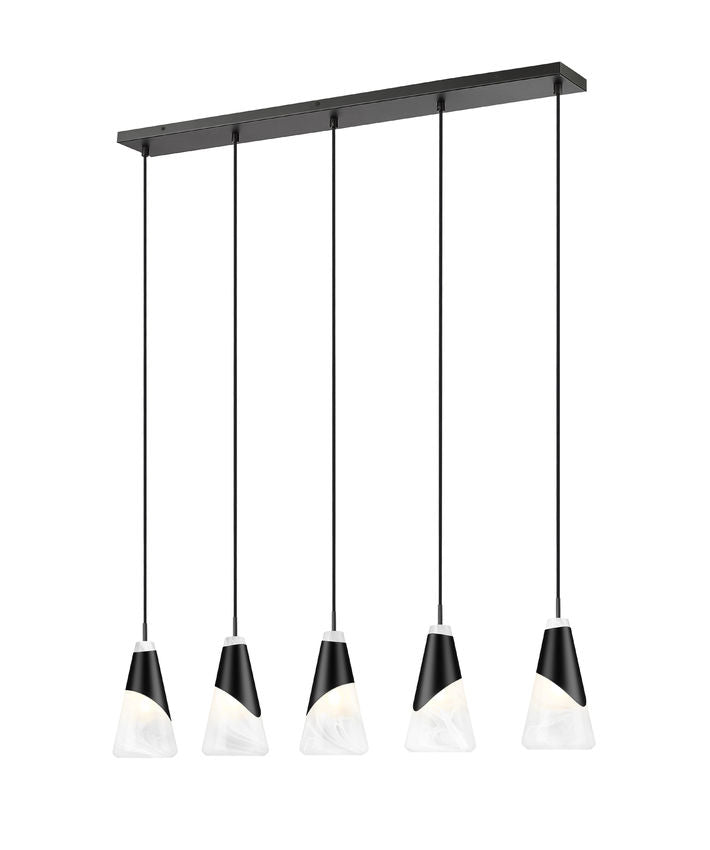 Z-Lite Aimie 5-Light Candelabra Bulb Base Matte Black Steel Frame Feathered White Glass Shade Linear Chandelier