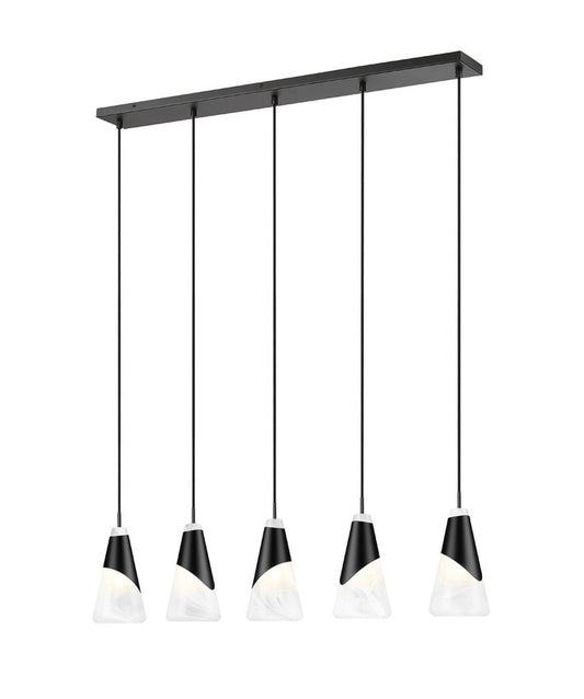 Z-Lite Aimie 5-Light Candelabra Bulb Base Matte Black Steel Frame Feathered White Glass Shade Linear Chandelier