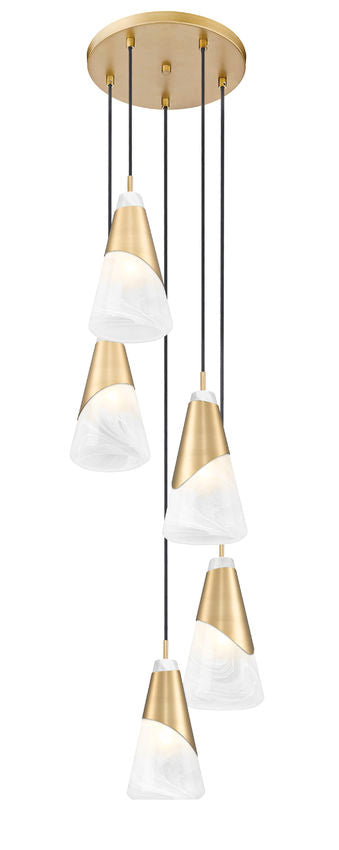Z-Lite Aimie 5-Light Candelabra Bulb Base Modern Gold Steel Frame Feathered White Glass Shade Chandelier