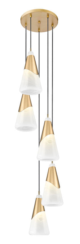 Z-Lite Aimie 5-Light Candelabra Bulb Base Modern Gold Steel Frame Feathered White Glass Shade Chandelier