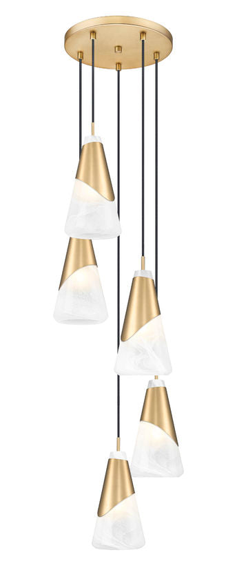 Z-Lite Aimie 5-Light Candelabra Bulb Base Modern Gold Steel Frame Feathered White Glass Shade Chandelier