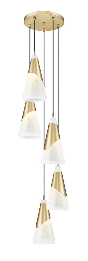 Z-Lite Aimie 5-Light Candelabra Bulb Base Modern Gold Steel Frame Feathered White Glass Shade Chandelier