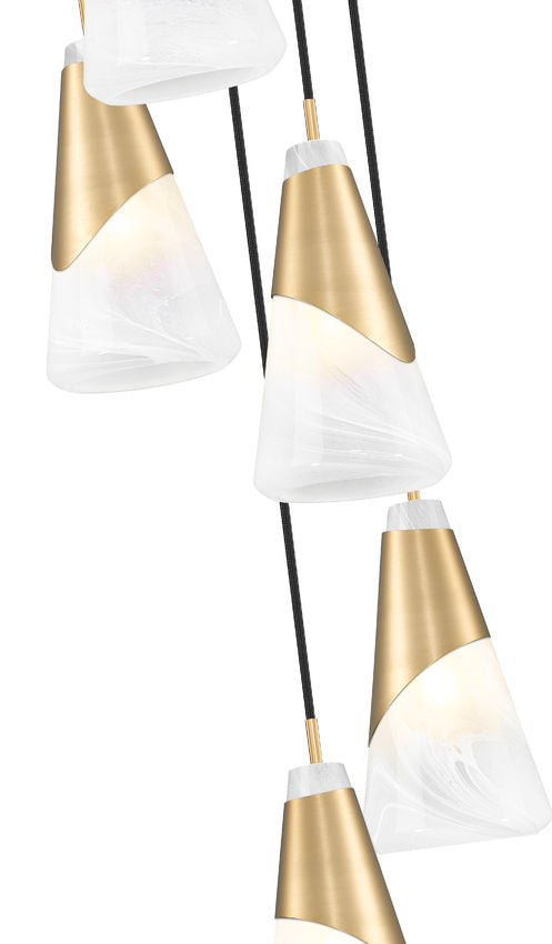 Z-Lite Aimie 5-Light Candelabra Bulb Base Modern Gold Steel Frame Feathered White Glass Shade Chandelier