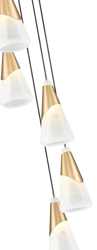 Z-Lite Aimie 5-Light Candelabra Bulb Base Modern Gold Steel Frame Feathered White Glass Shade Chandelier