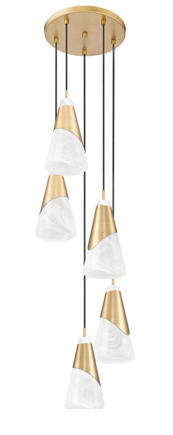 Z-Lite Aimie 5-Light Candelabra Bulb Base Modern Gold Steel Frame Feathered White Glass Shade Chandelier