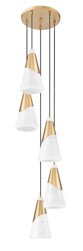 Z-Lite Aimie 5-Light Candelabra Bulb Base Modern Gold Steel Frame Feathered White Glass Shade Chandelier