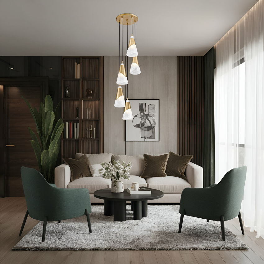 Z-Lite Aimie 5-Light Candelabra Bulb Base Modern Gold Steel Frame Feathered White Glass Shade Chandelier
