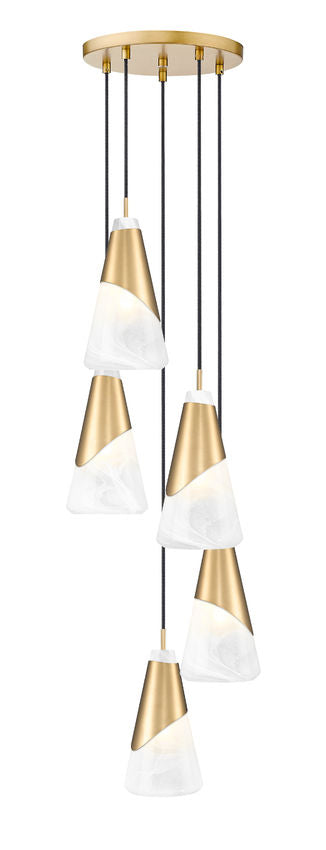 Z-Lite Aimie 5-Light Candelabra Bulb Base Modern Gold Steel Frame Feathered White Glass Shade Chandelier