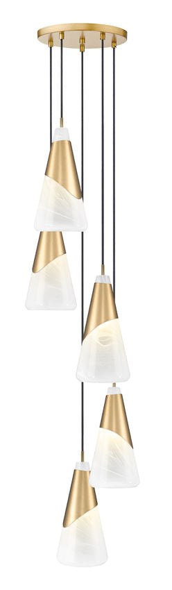 Z-Lite Aimie 5-Light Candelabra Bulb Base Modern Gold Steel Frame Feathered White Glass Shade Chandelier