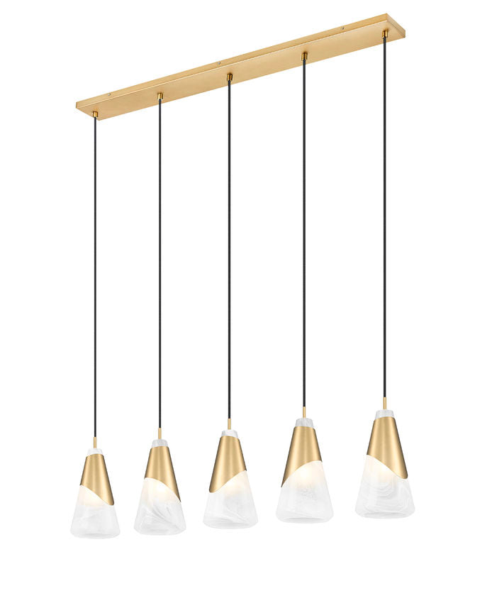 Z-Lite Aimie 5-Light Candelabra Bulb Base Modern Gold Steel Frame Feathered Whitel Glass Shade Linear Chandelier