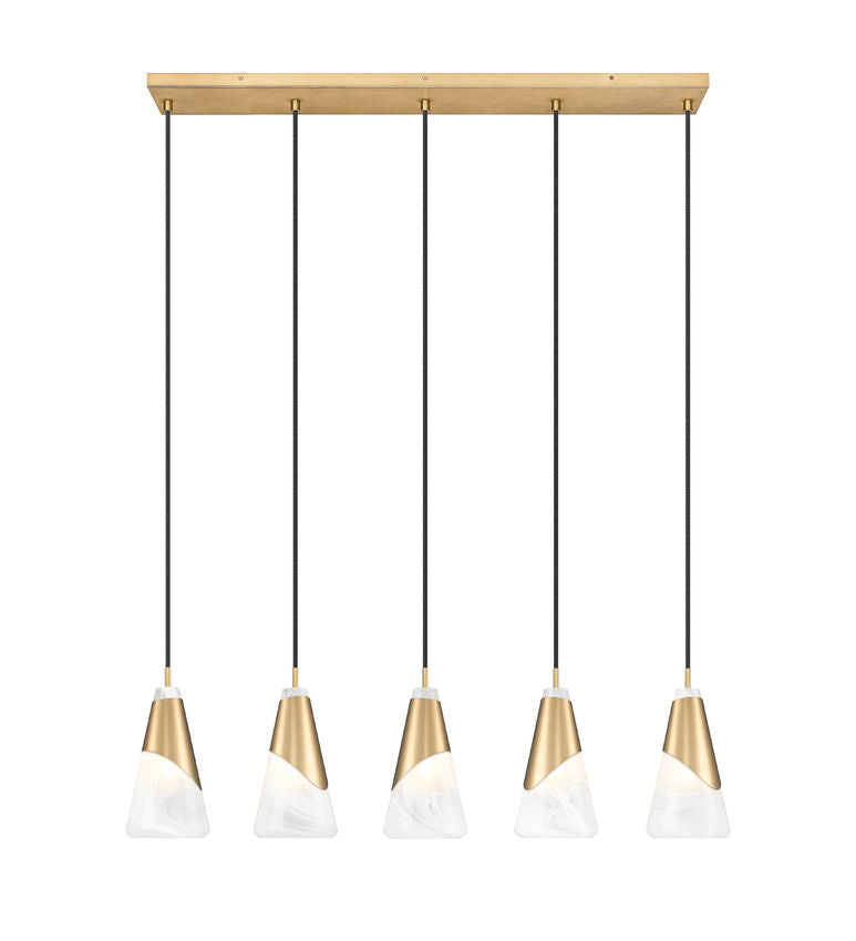 Z-Lite Aimie 5-Light Candelabra Bulb Base Modern Gold Steel Frame Feathered Whitel Glass Shade Linear Chandelier