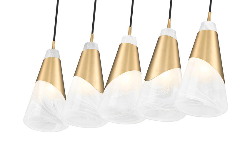 Z-Lite Aimie 5-Light Candelabra Bulb Base Modern Gold Steel Frame Feathered Whitel Glass Shade Linear Chandelier