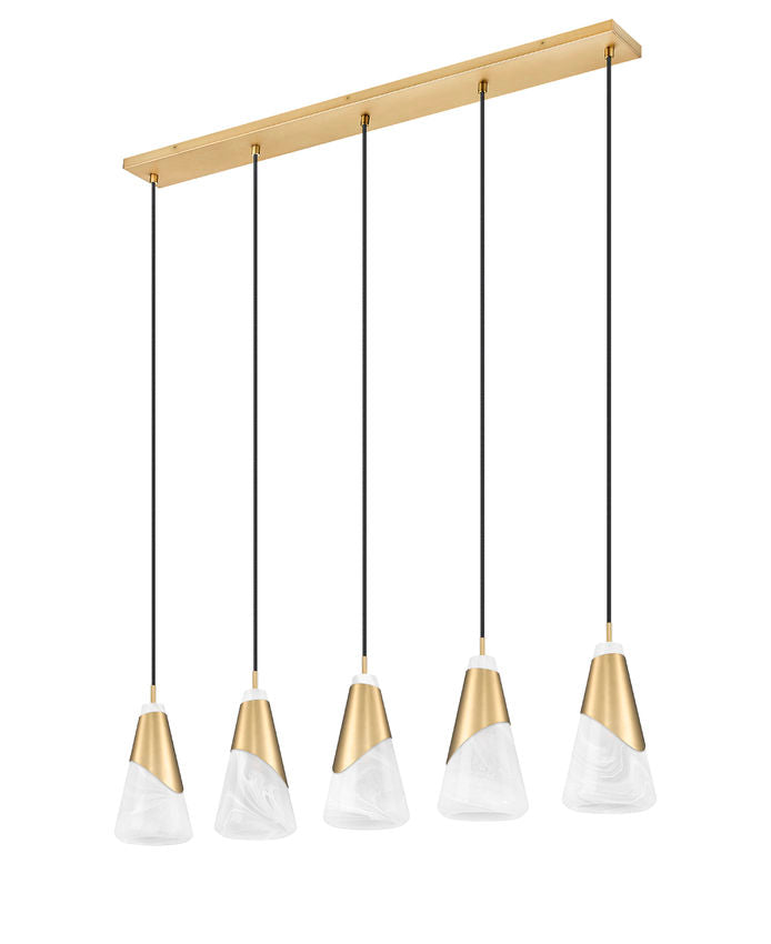 Z-Lite Aimie 5-Light Candelabra Bulb Base Modern Gold Steel Frame Feathered Whitel Glass Shade Linear Chandelier