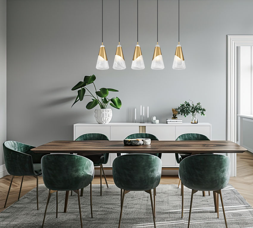 Z-Lite Aimie 5-Light Candelabra Bulb Base Modern Gold Steel Frame Feathered Whitel Glass Shade Linear Chandelier