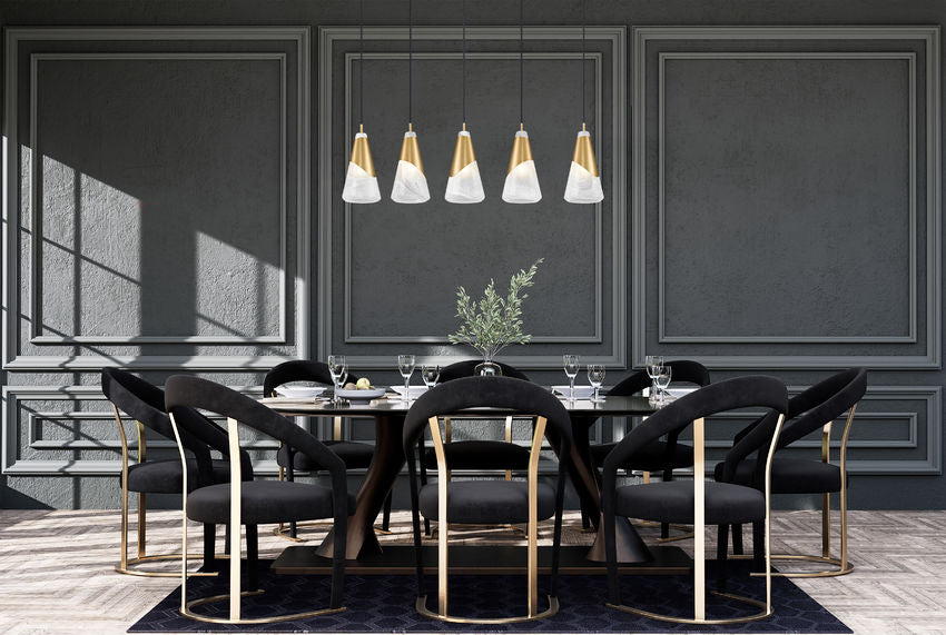 Z-Lite Aimie 5-Light Candelabra Bulb Base Modern Gold Steel Frame Feathered Whitel Glass Shade Linear Chandelier