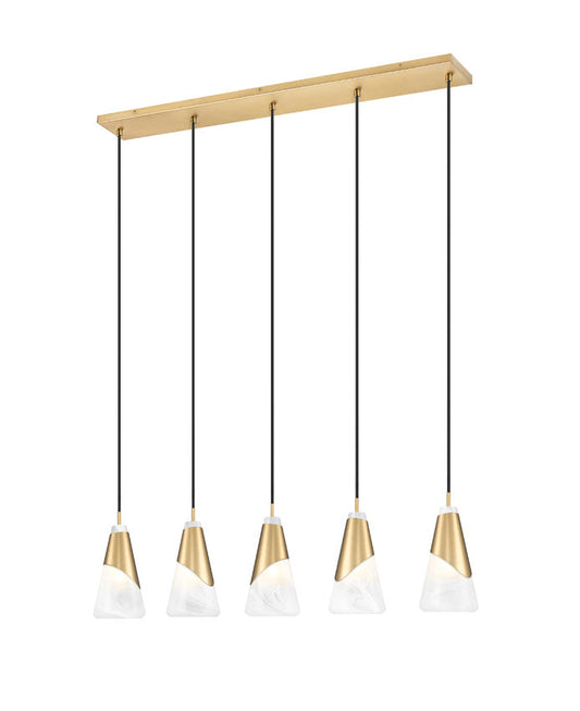 Z-Lite Aimie 5-Light Candelabra Bulb Base Modern Gold Steel Frame Feathered Whitel Glass Shade Linear Chandelier