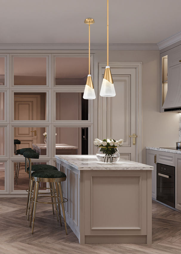 Z-Lite Aimie 7" 1-Light Candelabra Bulb Base Modern Gold Steel Frame White Swirl Glass Shade Pendant Light