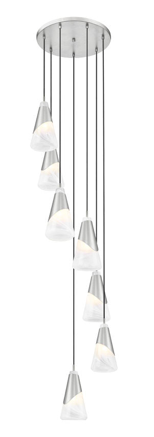 Z-Lite Aimie 7-Light Candelabra Bulb Base Brushed Nickel Steel Frame Feathered White Glass Shade Chandelier