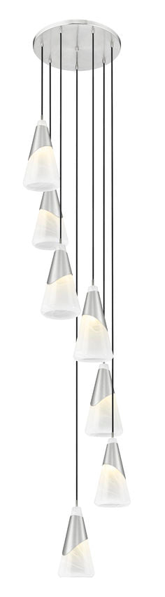 Z-Lite Aimie 7-Light Candelabra Bulb Base Brushed Nickel Steel Frame Feathered White Glass Shade Chandelier