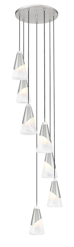 Z-Lite Aimie 7-Light Candelabra Bulb Base Brushed Nickel Steel Frame Feathered White Glass Shade Chandelier