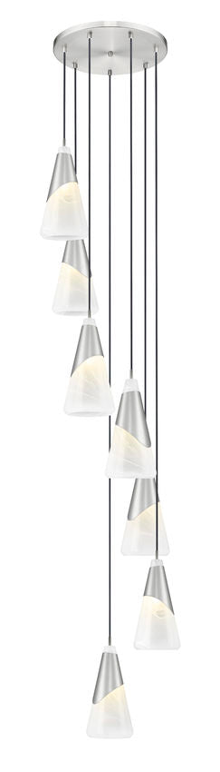 Z-Lite Aimie 7-Light Candelabra Bulb Base Brushed Nickel Steel Frame Feathered White Glass Shade Chandelier
